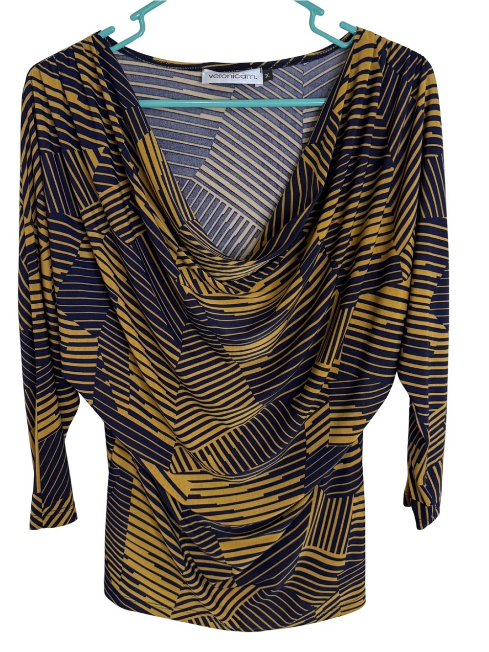Veronica M Dark Gold & Navy Blue Cowl Neck 3/4 Sleeve Blouse Size Medium